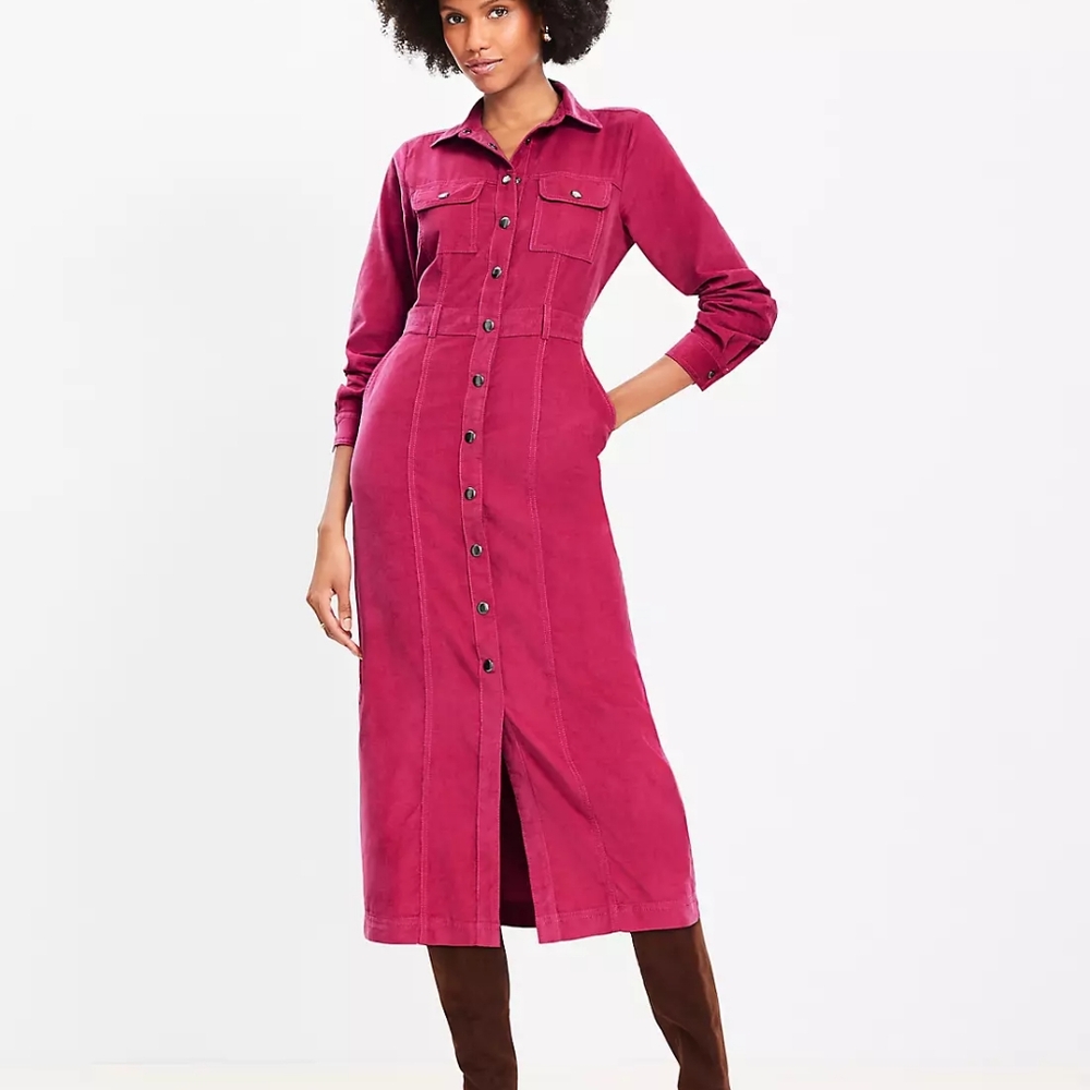 Loft magenta long sleeve corduroy midi shirt dress pockets 10p petite NWT new